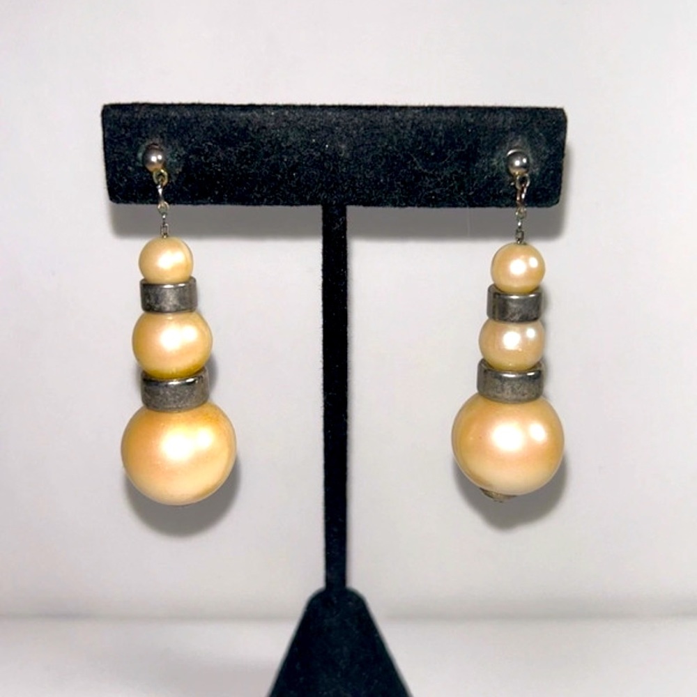 Vintage Chunky Faux Pearls & Silver Metal Dangle Earrings Boho